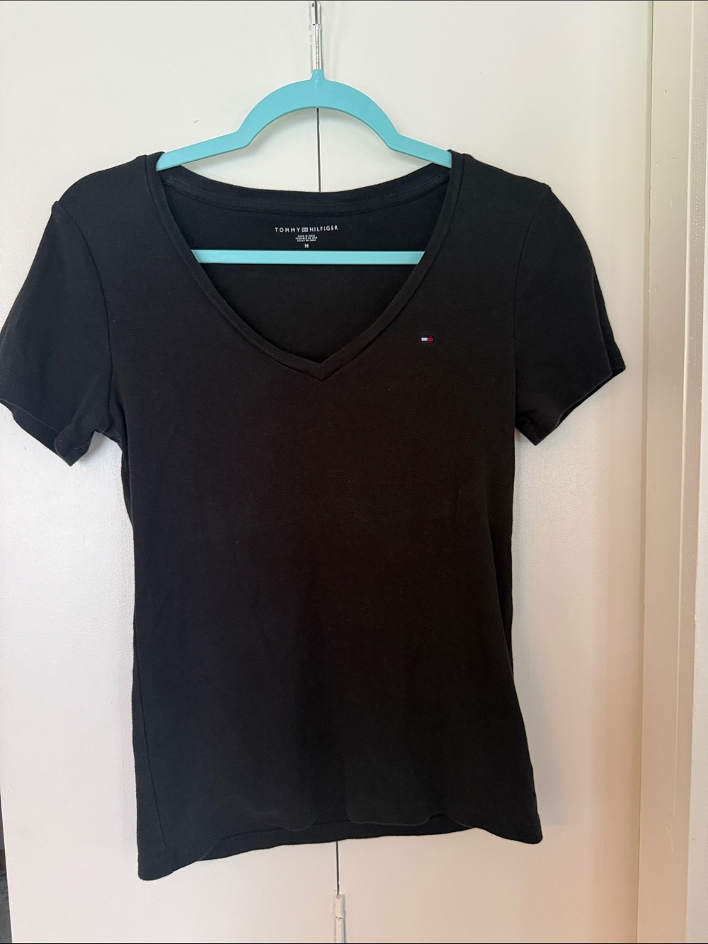 Tommy Hilfiger Black V‑Neck Short Sleeve Tee with Flag Logo